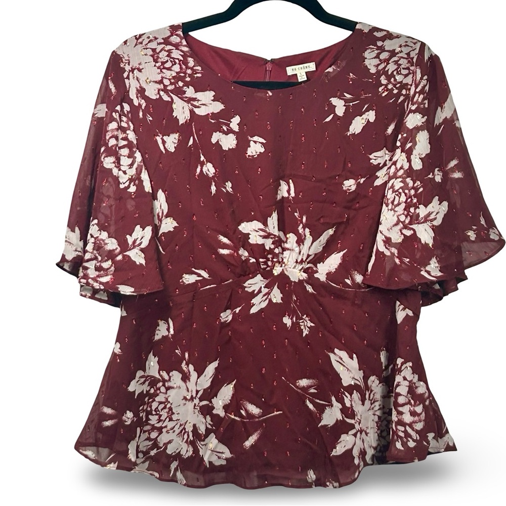 En Creme Floral Flutter Sleeve Blouse Size Large‎ Boho Career Office Flattering